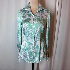 Bebe Vintage Floral Silk Collar Shirt Size S Button‎ Down Wide Cuff Blouse Top